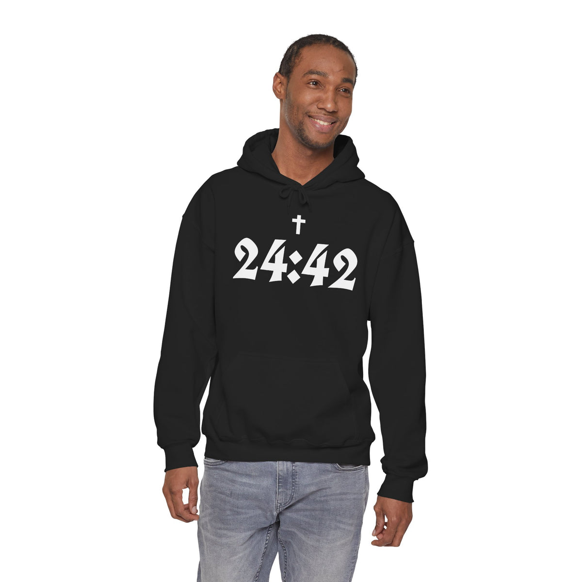 24:42 Cross Hoodie | Gothic Numerals Christian Scripture