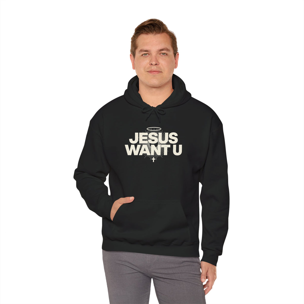 Jesus Want U Hoodie | Faith Christian Cross Halo Sweatshirt