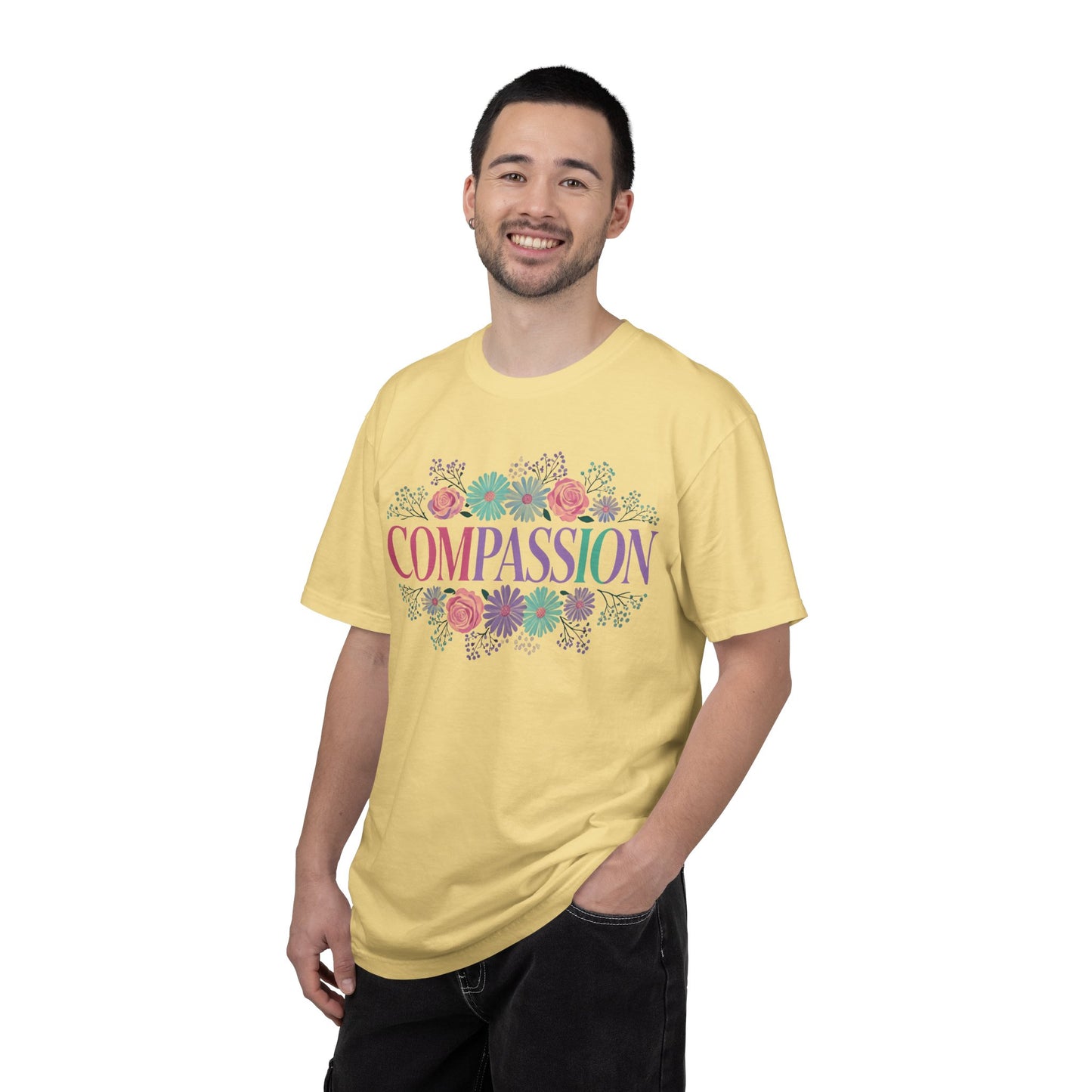 Compassion floral typography T-shirt | Pastel roses and daisies