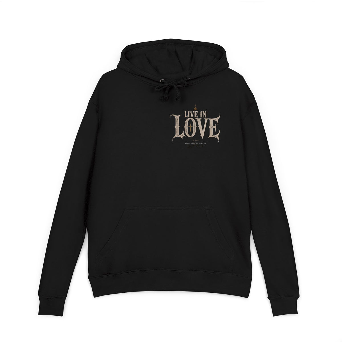 Live in Love Hoodie | Gothic Script, Vintage Cross Design
