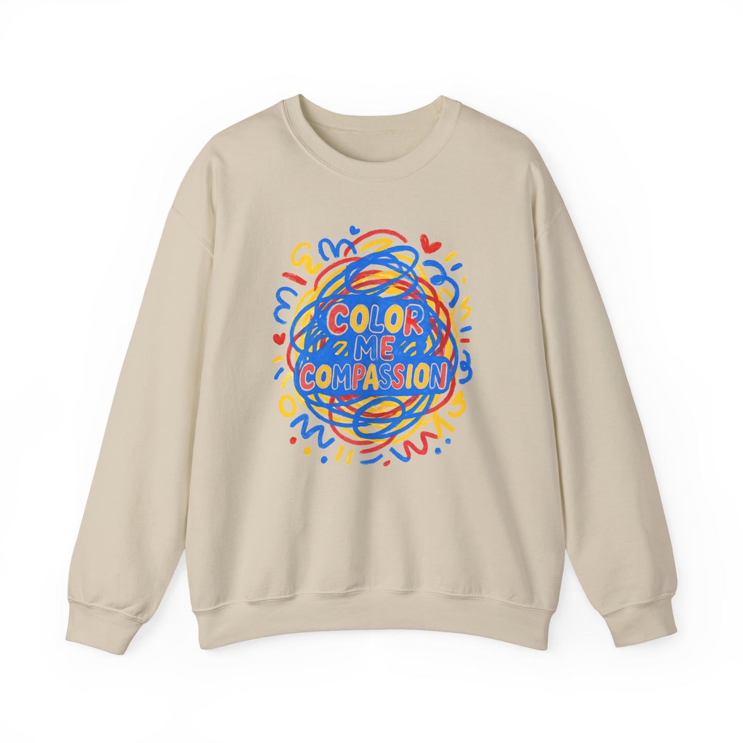Color Me Compassion Heart Crewneck Sweatshirt — Hand-Drawn Colorful Heart Doodle