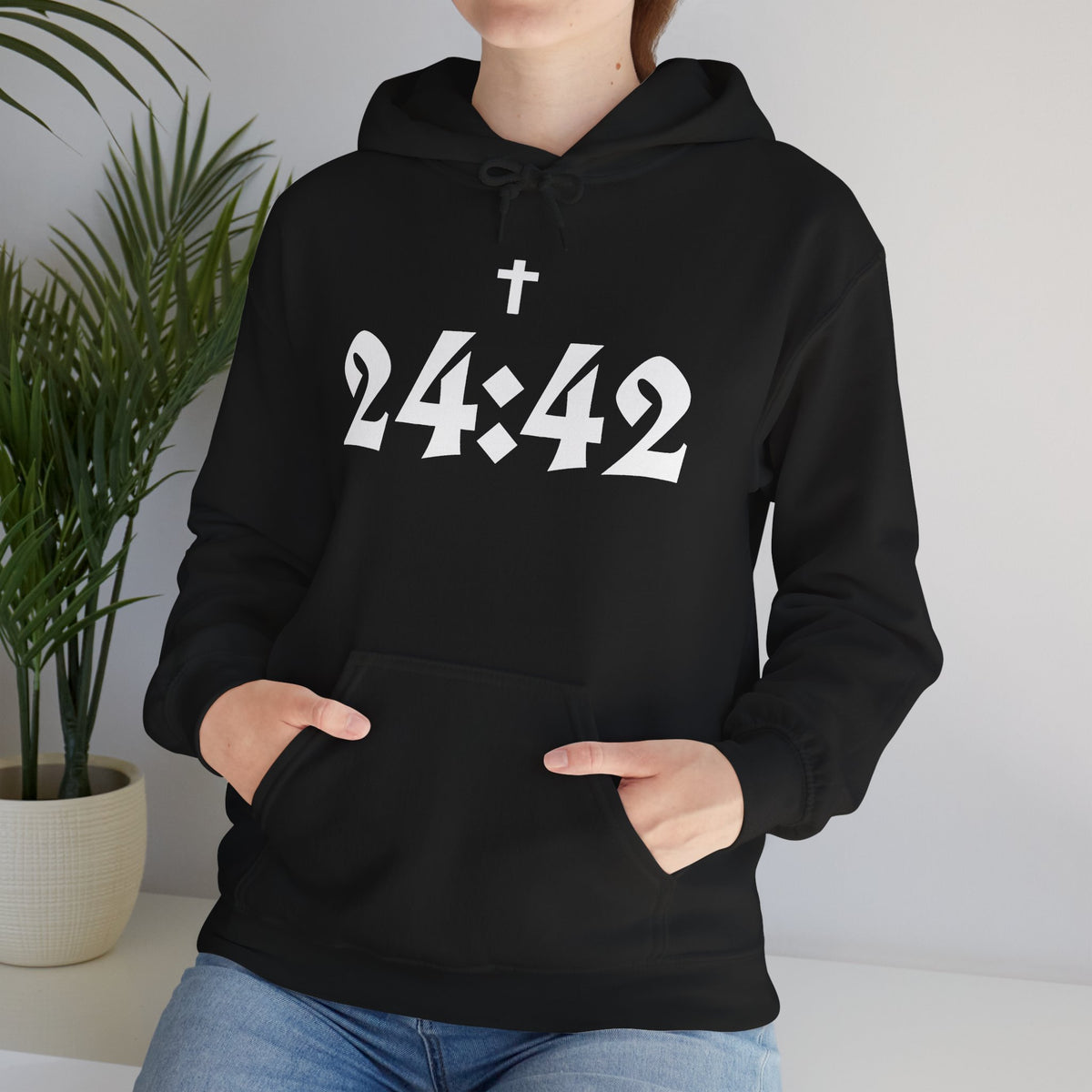 24:42 Cross Hoodie | Gothic Numerals Christian Scripture