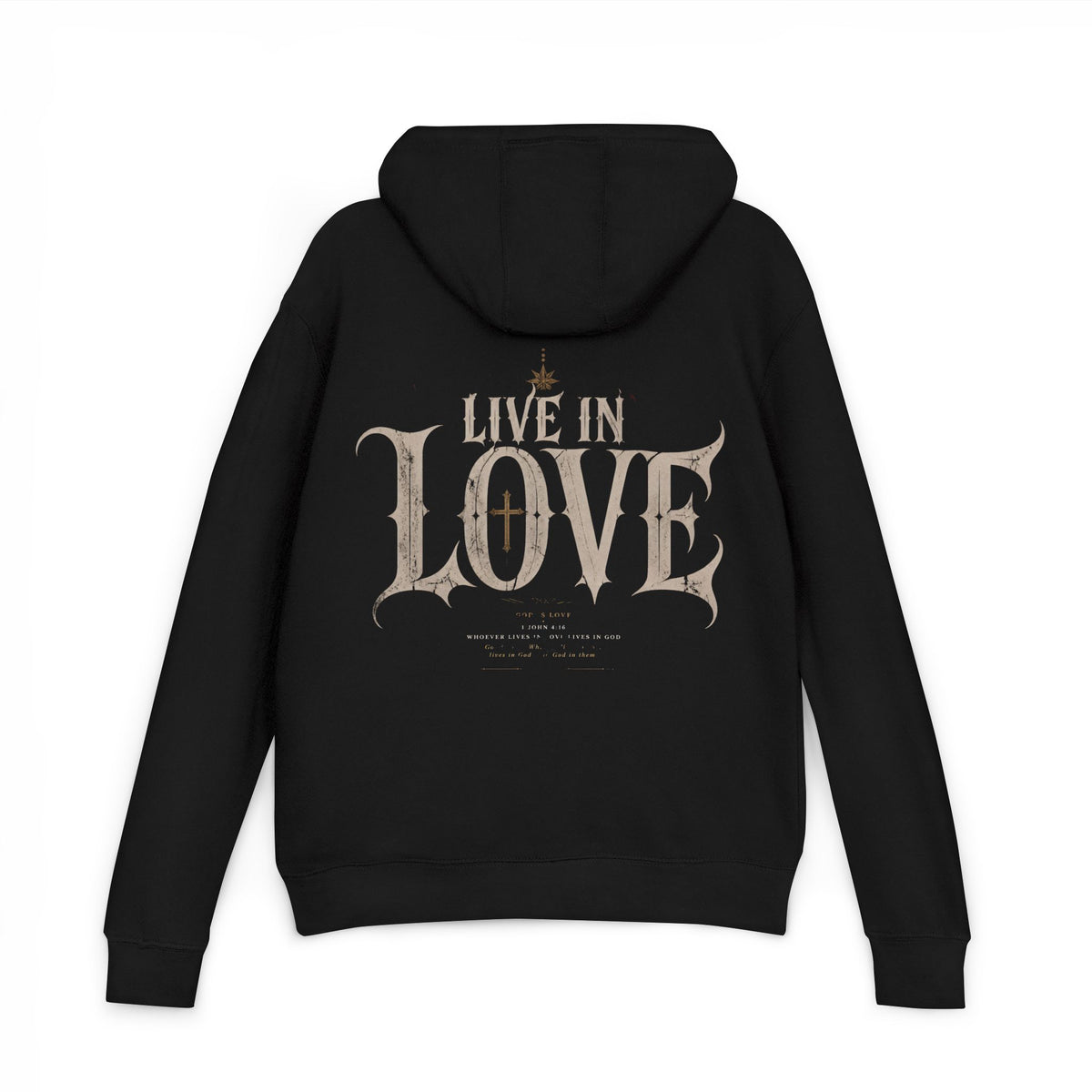 Live in Love Hoodie | Gothic Script, Vintage Cross Design