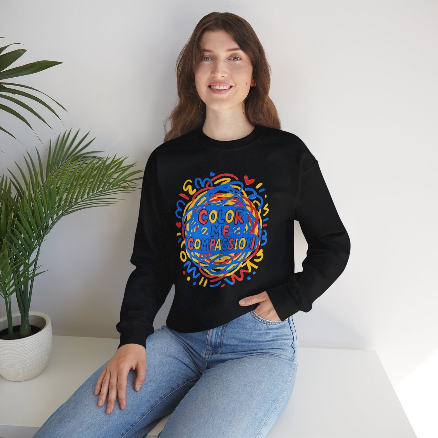 Color Me Compassion Heart Crewneck Sweatshirt — Hand-Drawn Colorful Heart Doodle
