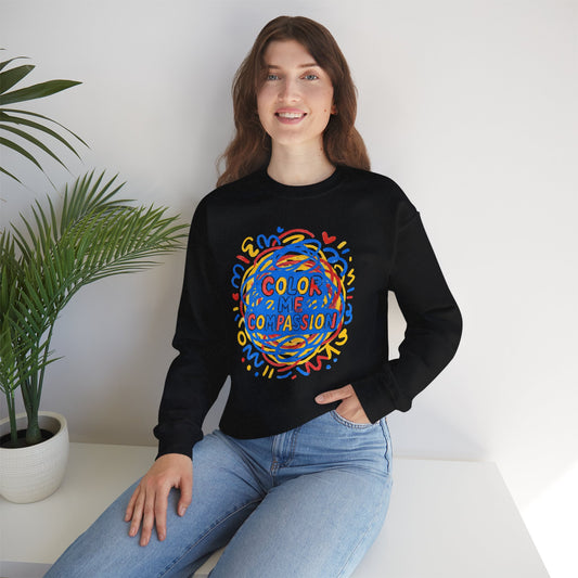Color Me Compassion Heart Crewneck Sweatshirt — Hand-Drawn Colorful Heart Doodle