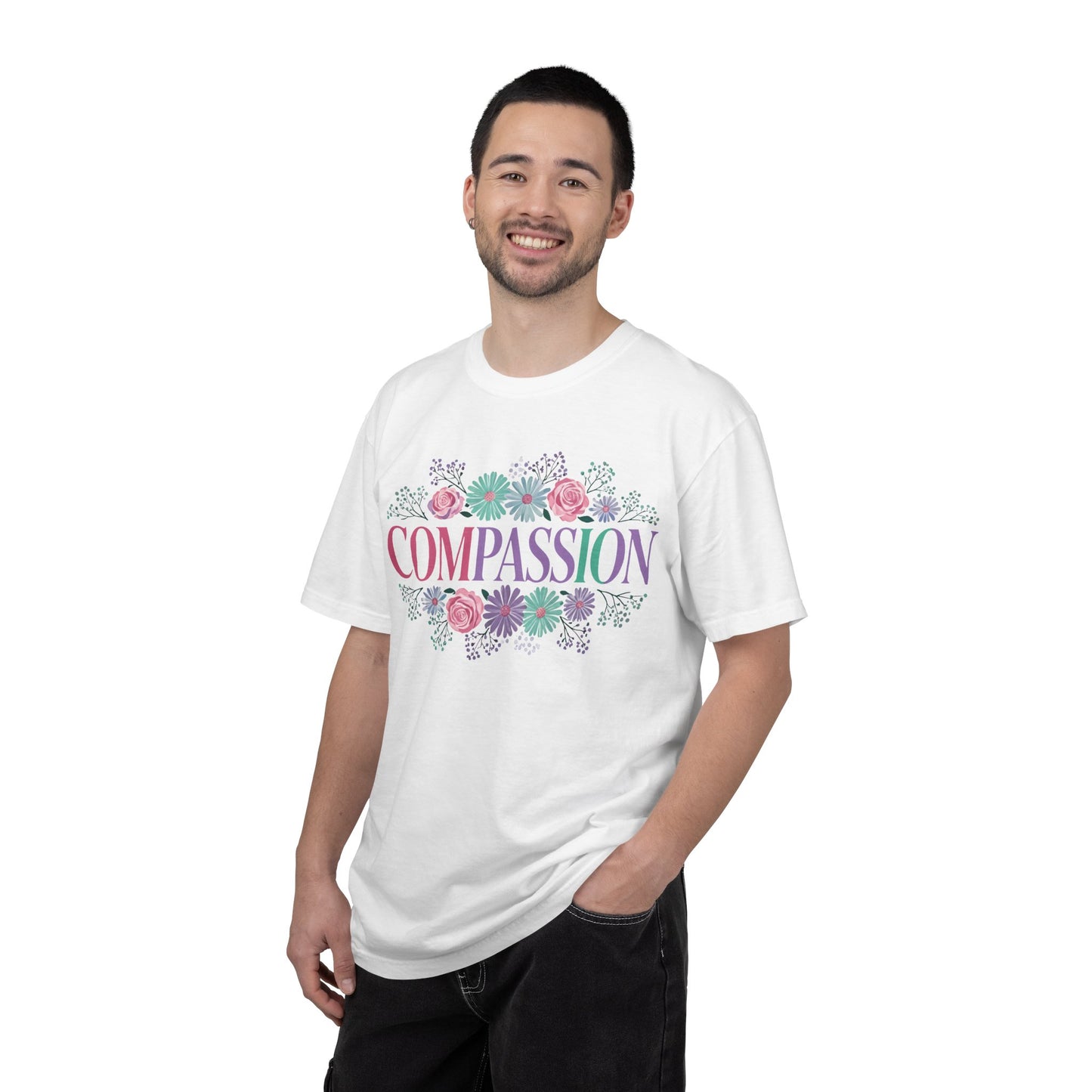 Compassion floral typography T-shirt | Pastel roses and daisies