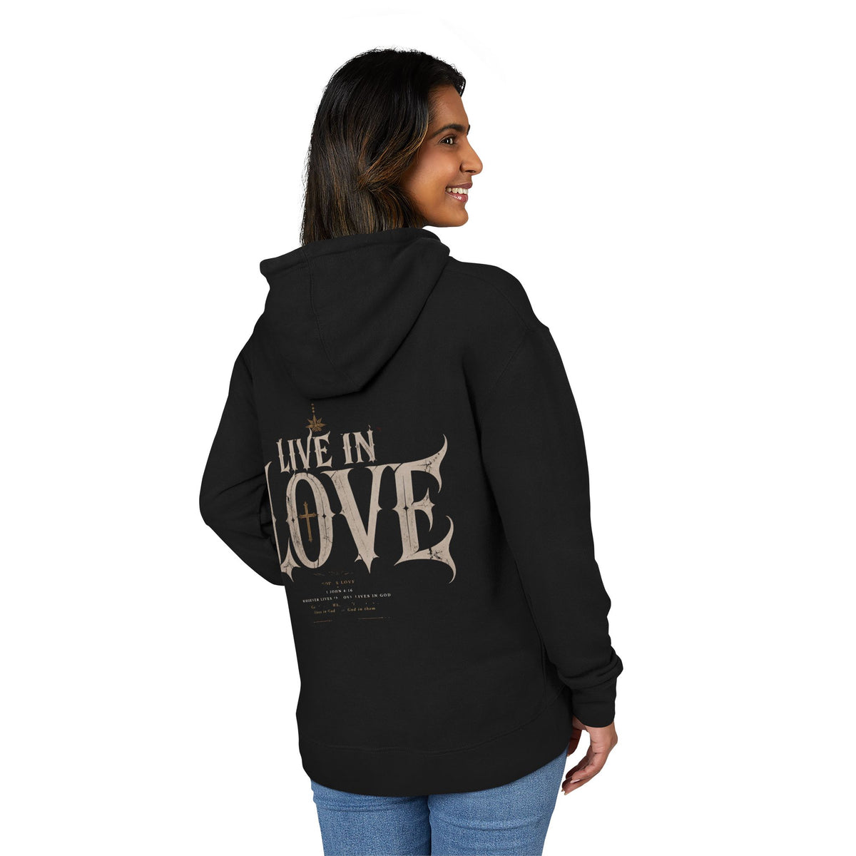 Live in Love Hoodie | Gothic Script, Vintage Cross Design