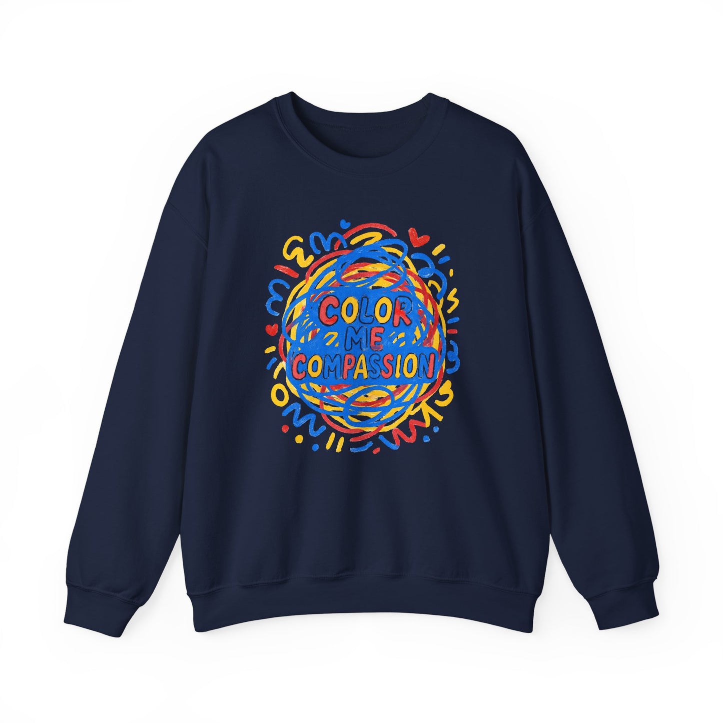 Color Me Compassion Heart Crewneck Sweatshirt — Hand-Drawn Colorful Heart Doodle
