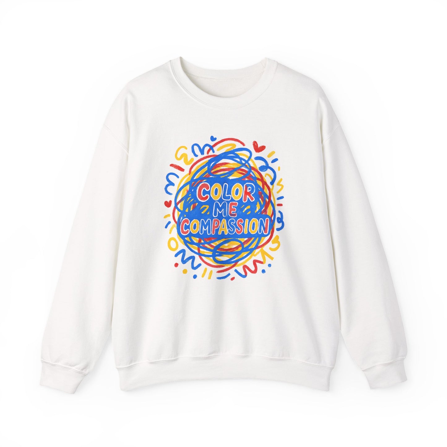 Color Me Compassion Heart Crewneck Sweatshirt — Hand-Drawn Colorful Heart Doodle