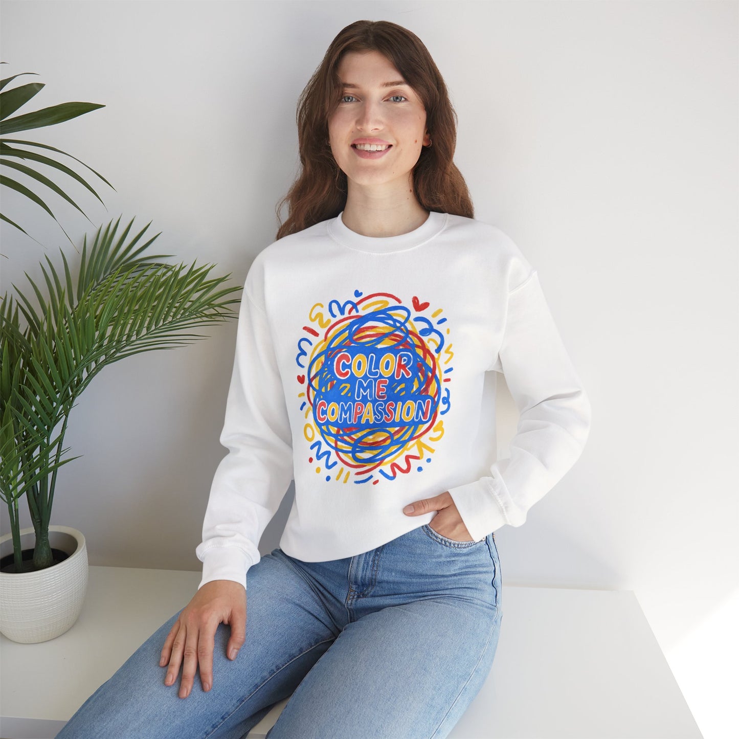 Color Me Compassion Heart Crewneck Sweatshirt — Hand-Drawn Colorful Heart Doodle