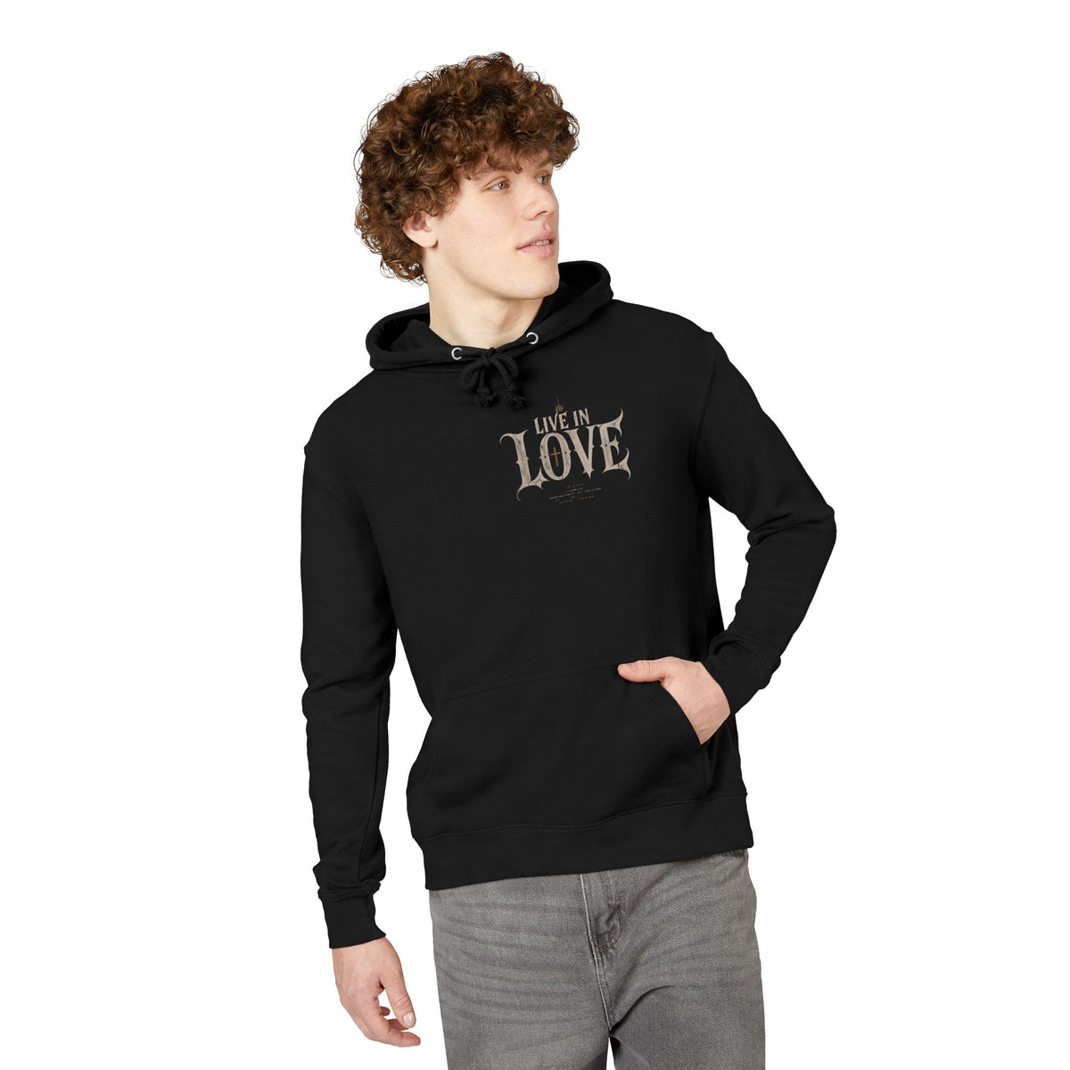 Live in Love Hoodie | Gothic Script, Vintage Cross Design