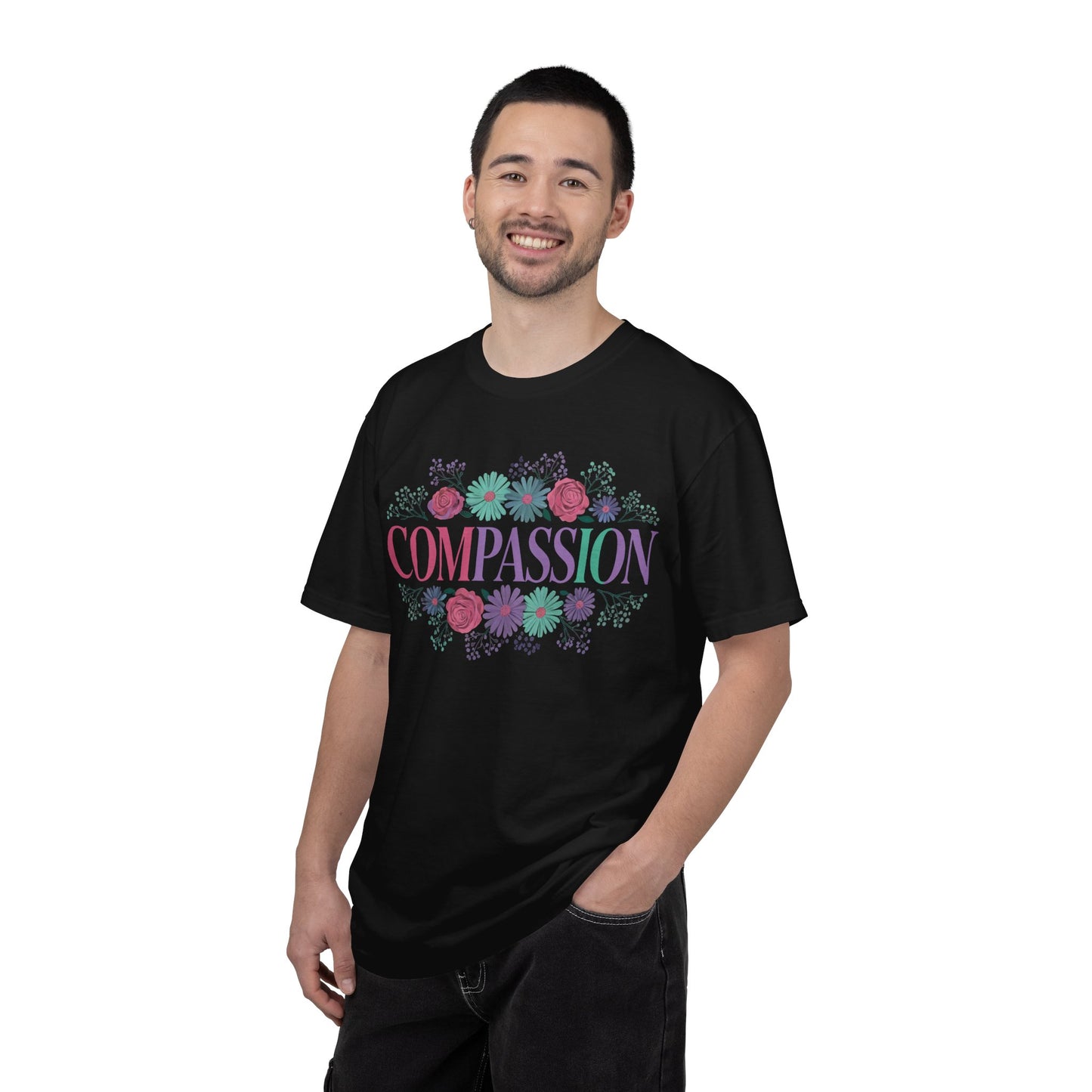 Compassion floral typography T-shirt | Pastel roses and daisies