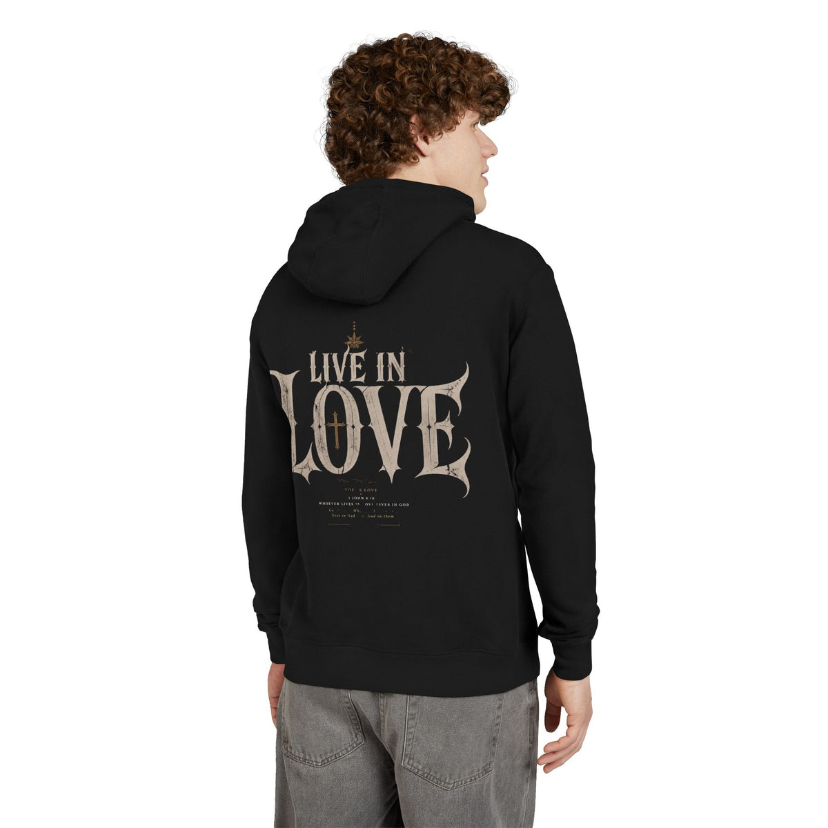 Live in Love Hoodie | Gothic Script, Vintage Cross Design