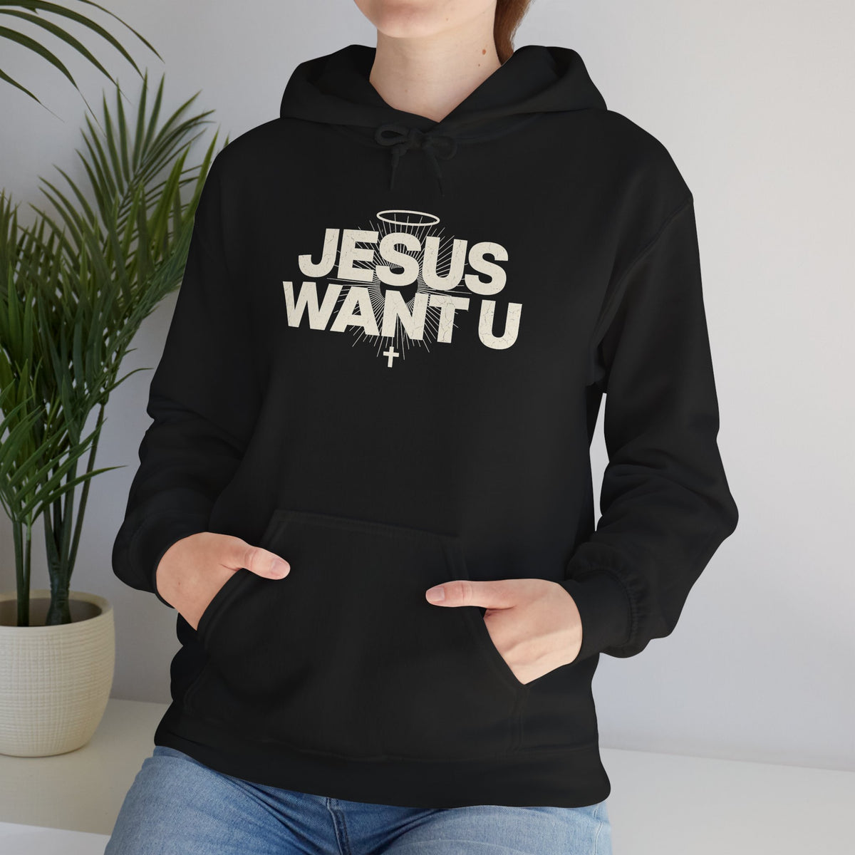 Jesus Want U Hoodie | Faith Christian Cross Halo Sweatshirt