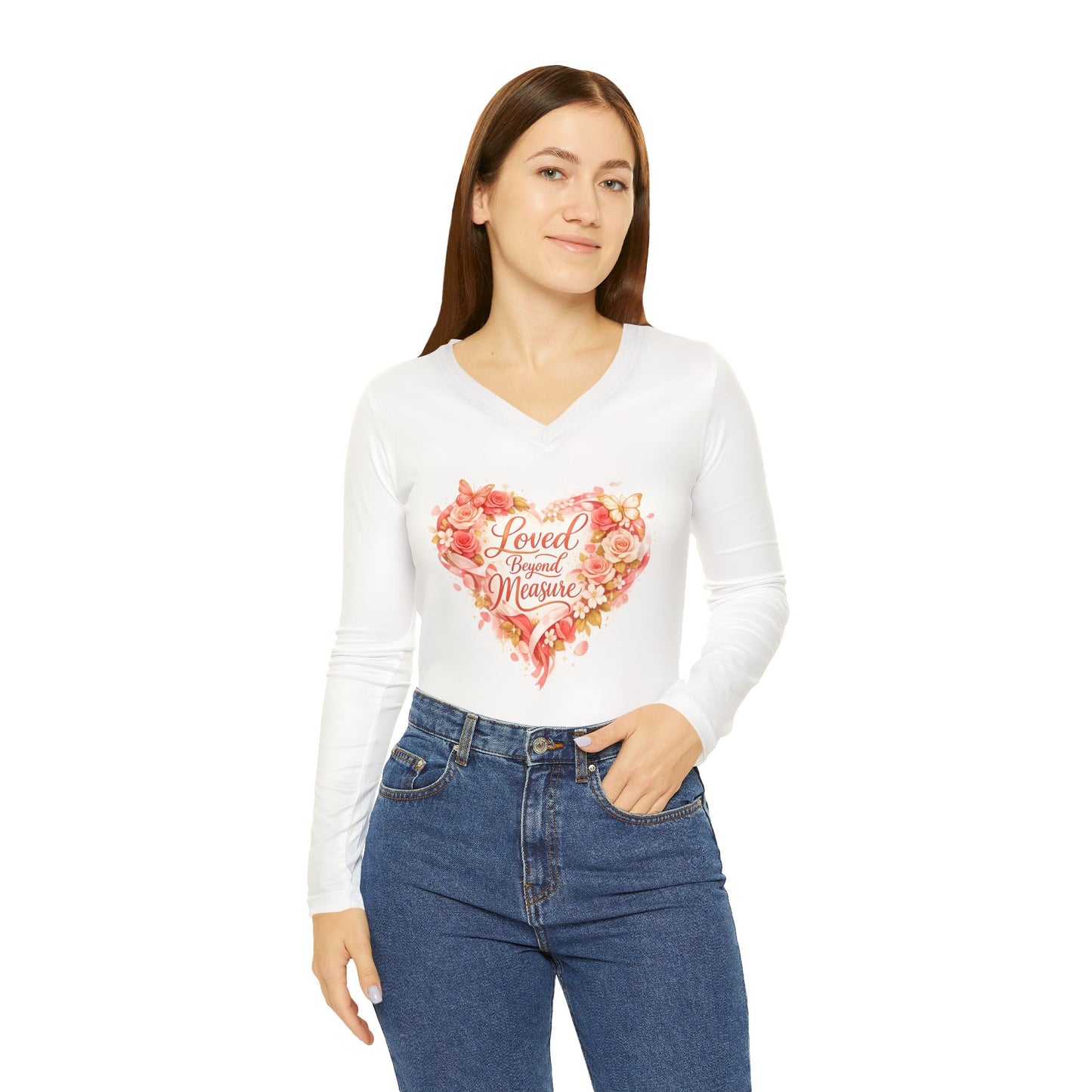 Loved Beyond Measure V-neck Long Sleeve Shirt | Floral Heart Scripture Design