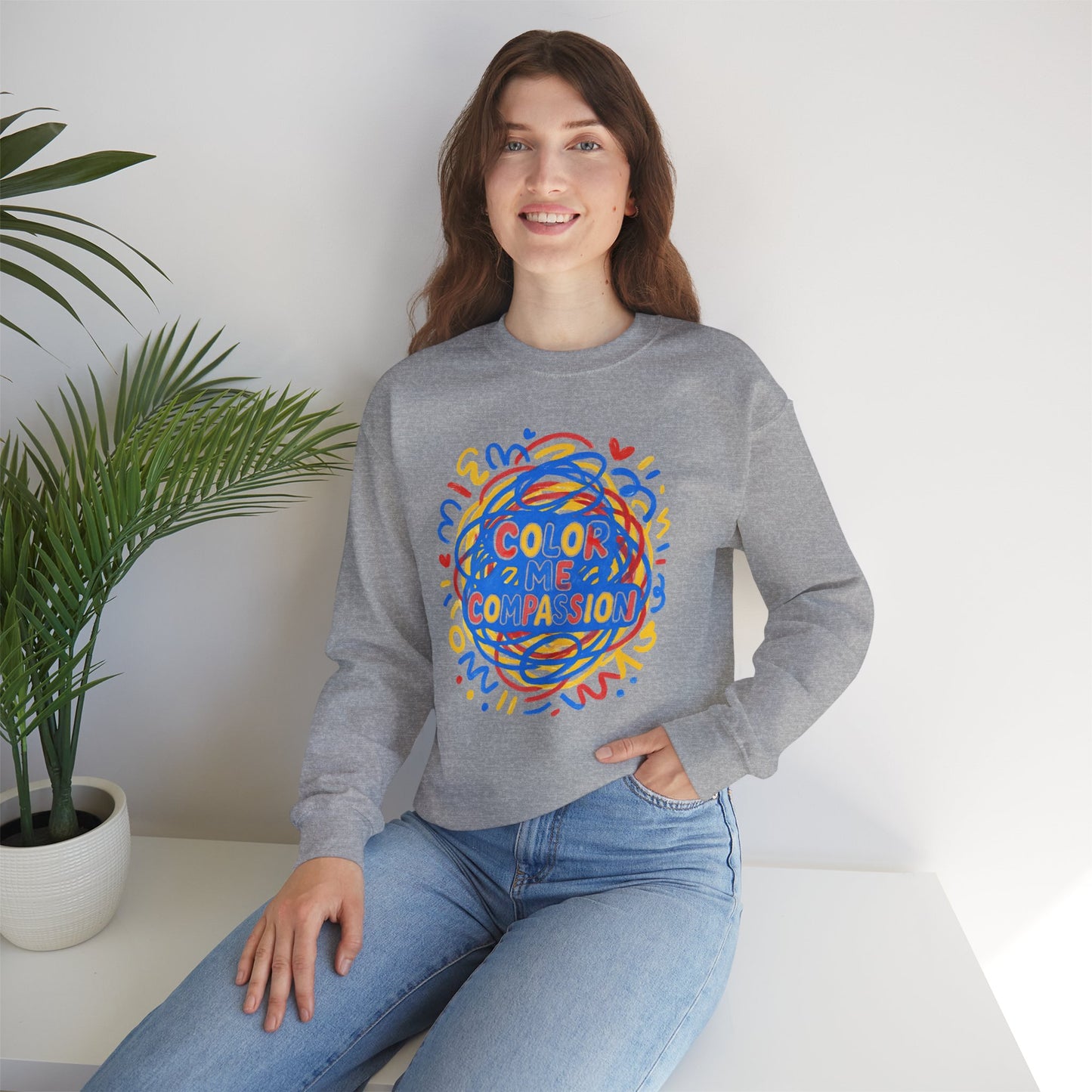 Color Me Compassion Heart Crewneck Sweatshirt — Hand-Drawn Colorful Heart Doodle