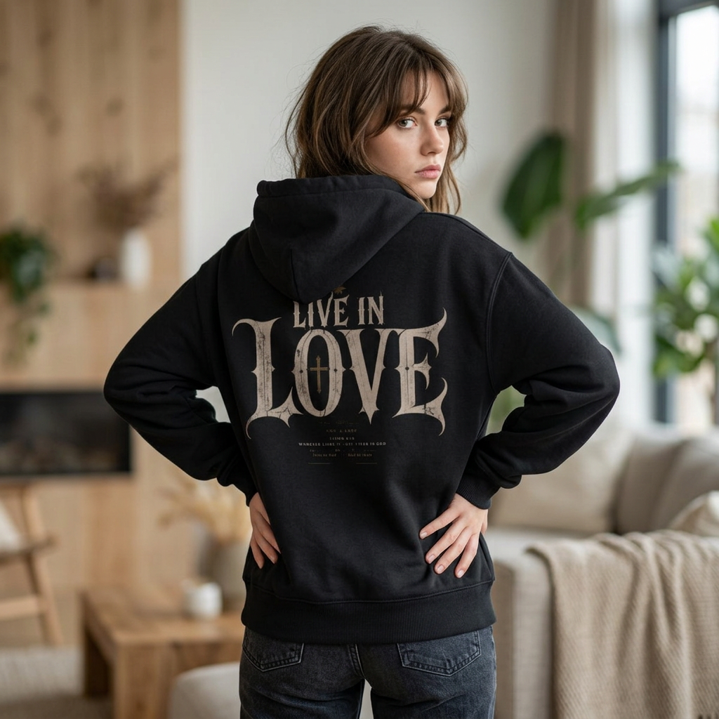 Live in Love Hoodie | Gothic Script, Vintage Cross Design