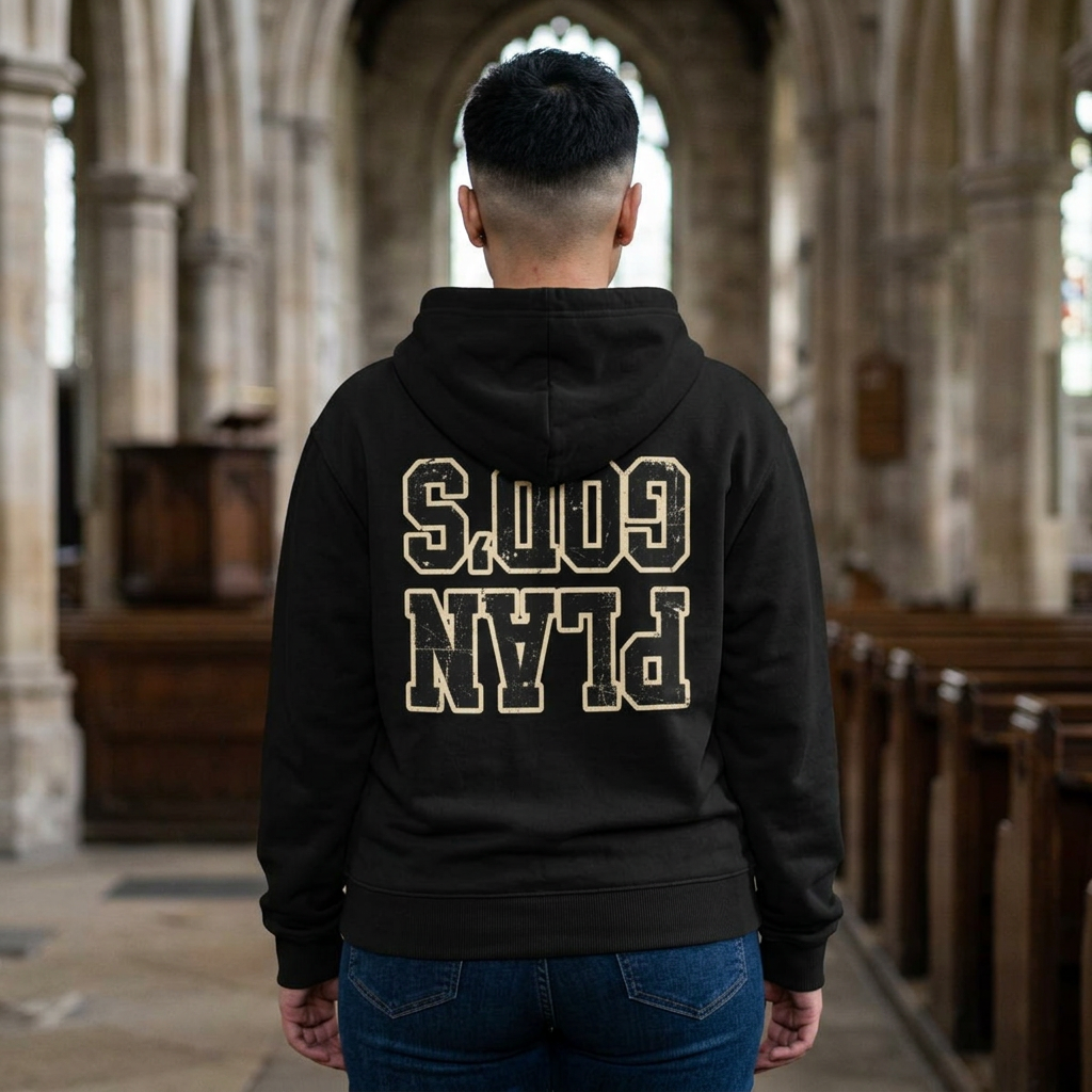 Plan Gods Hoodie | Upside Down Text, Vintage Collegiate Lettering