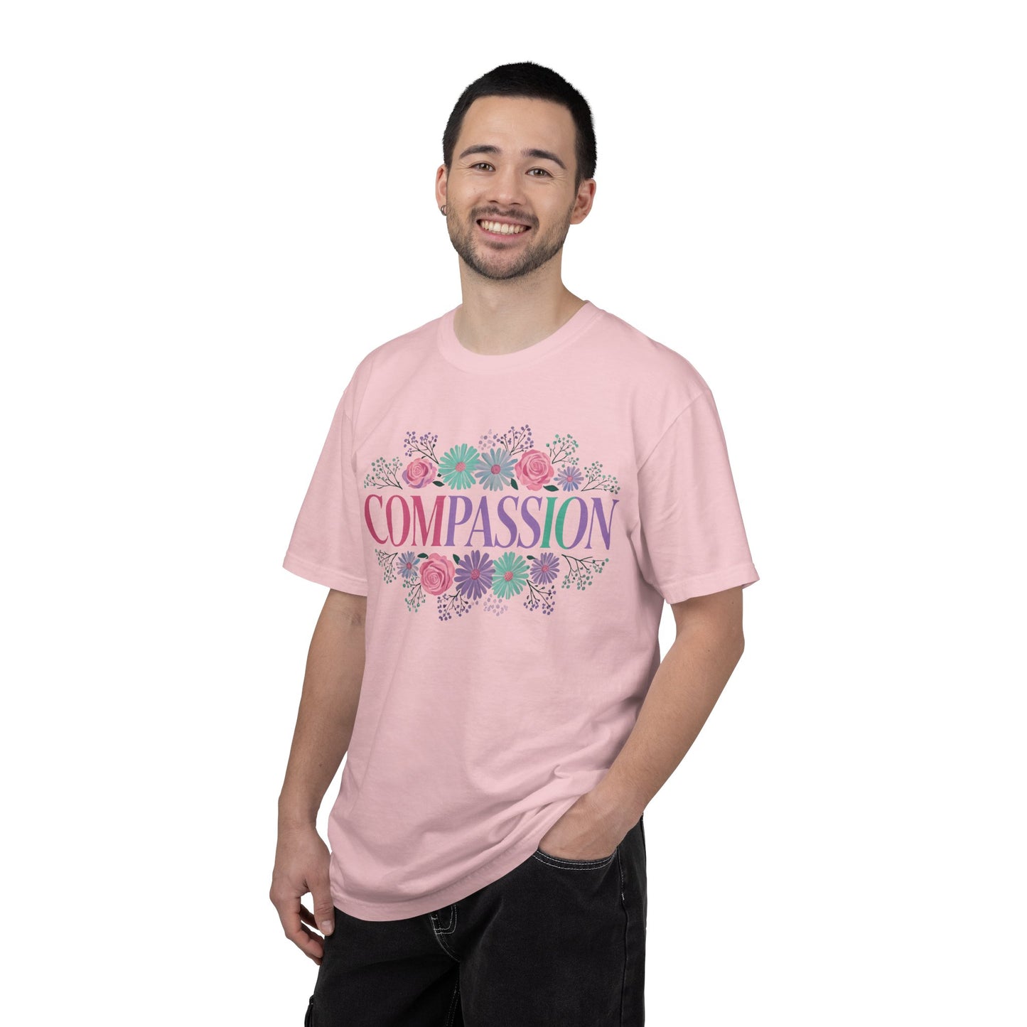 Compassion floral typography T-shirt | Pastel roses and daisies