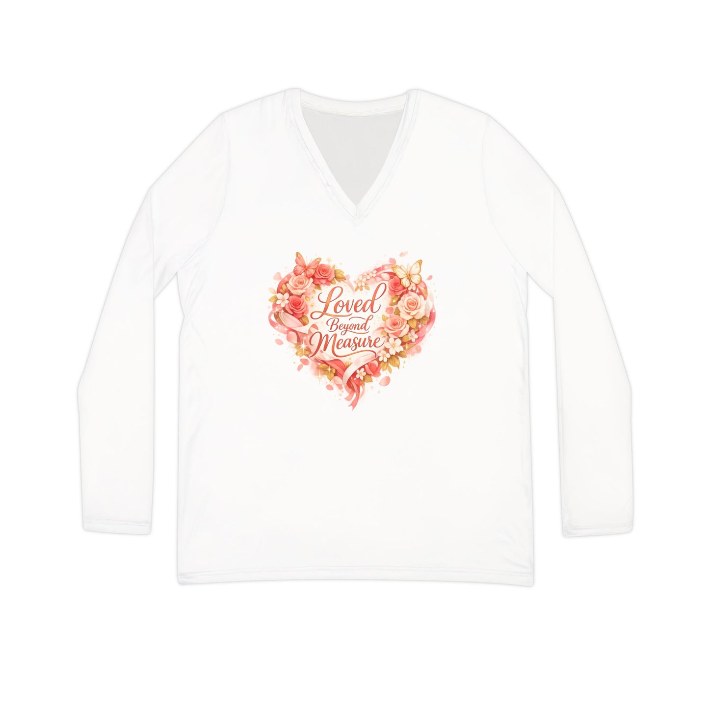 Loved Beyond Measure V-neck Long Sleeve Shirt | Floral Heart Scripture Design