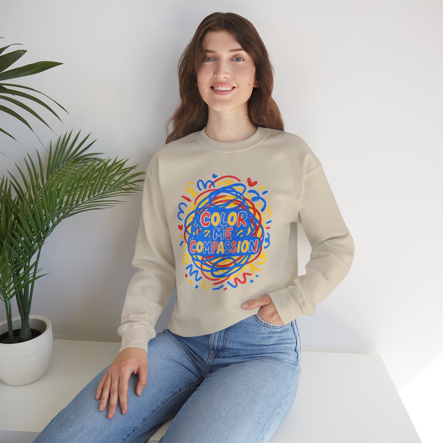 Color Me Compassion Heart Crewneck Sweatshirt — Hand-Drawn Colorful Heart Doodle