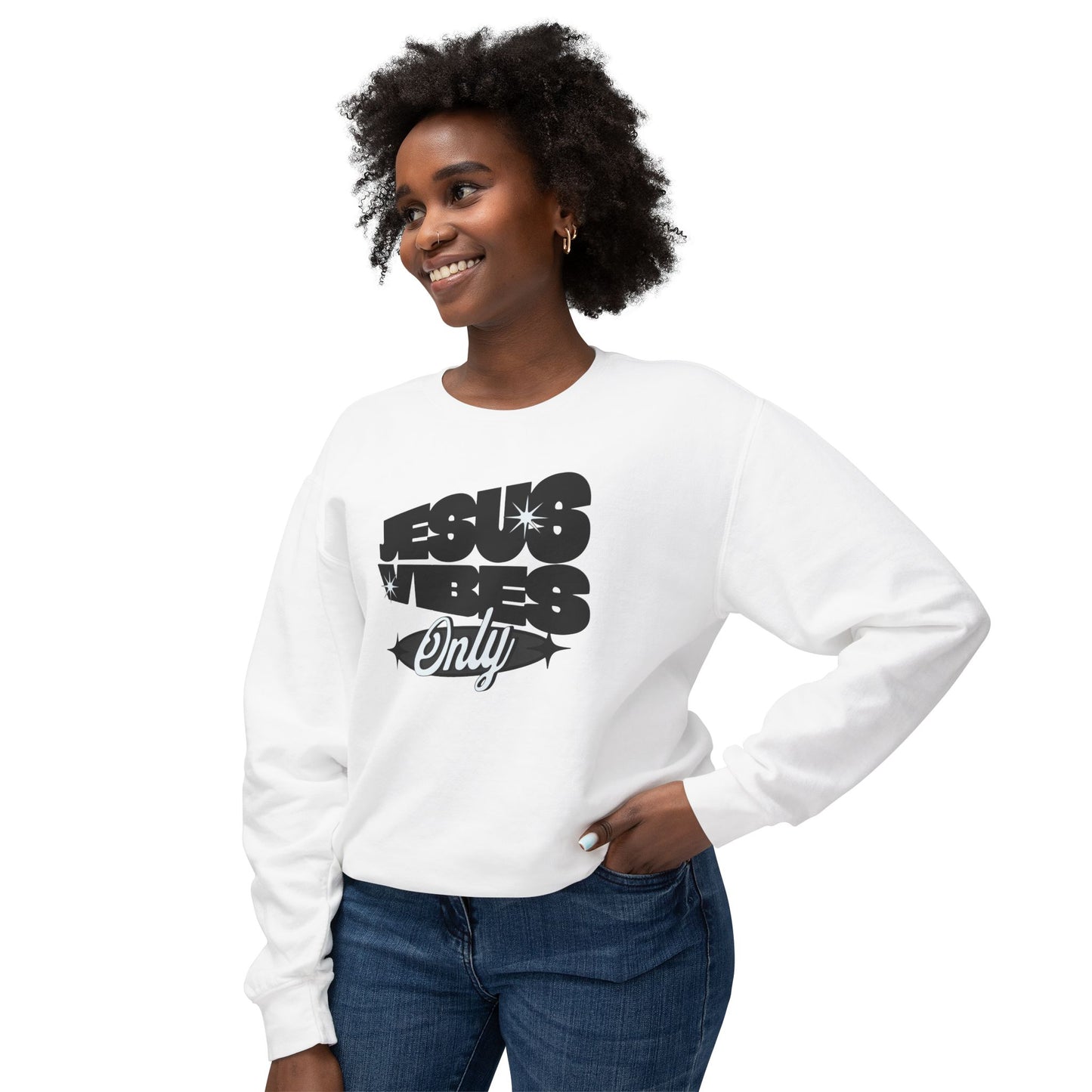 Unisex Lightweight Crewneck Sweatshirt- Jesus Vibes-Black/White