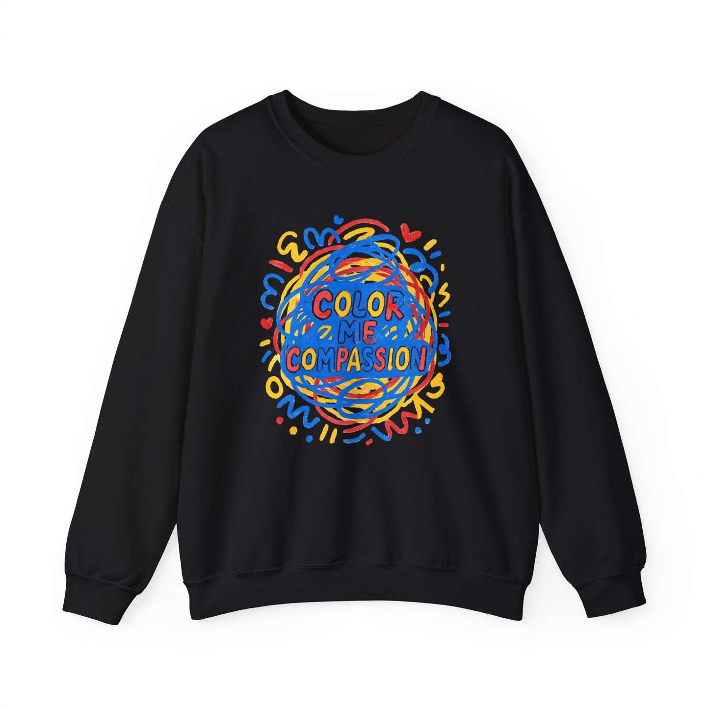 Color Me Compassion Heart Crewneck Sweatshirt — Hand-Drawn Colorful Heart Doodle