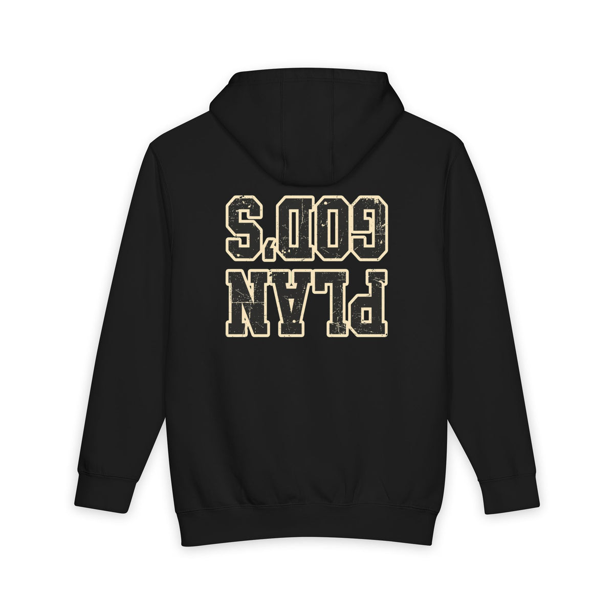Plan Gods Hoodie | Upside Down Text, Vintage Collegiate Lettering