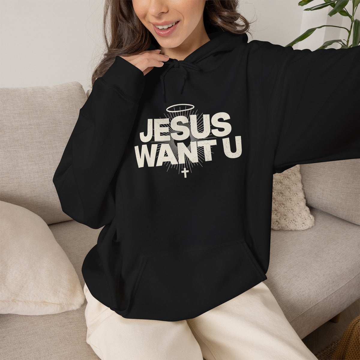 Jesus Want U Hoodie | Faith Christian Cross Halo Sweatshirt