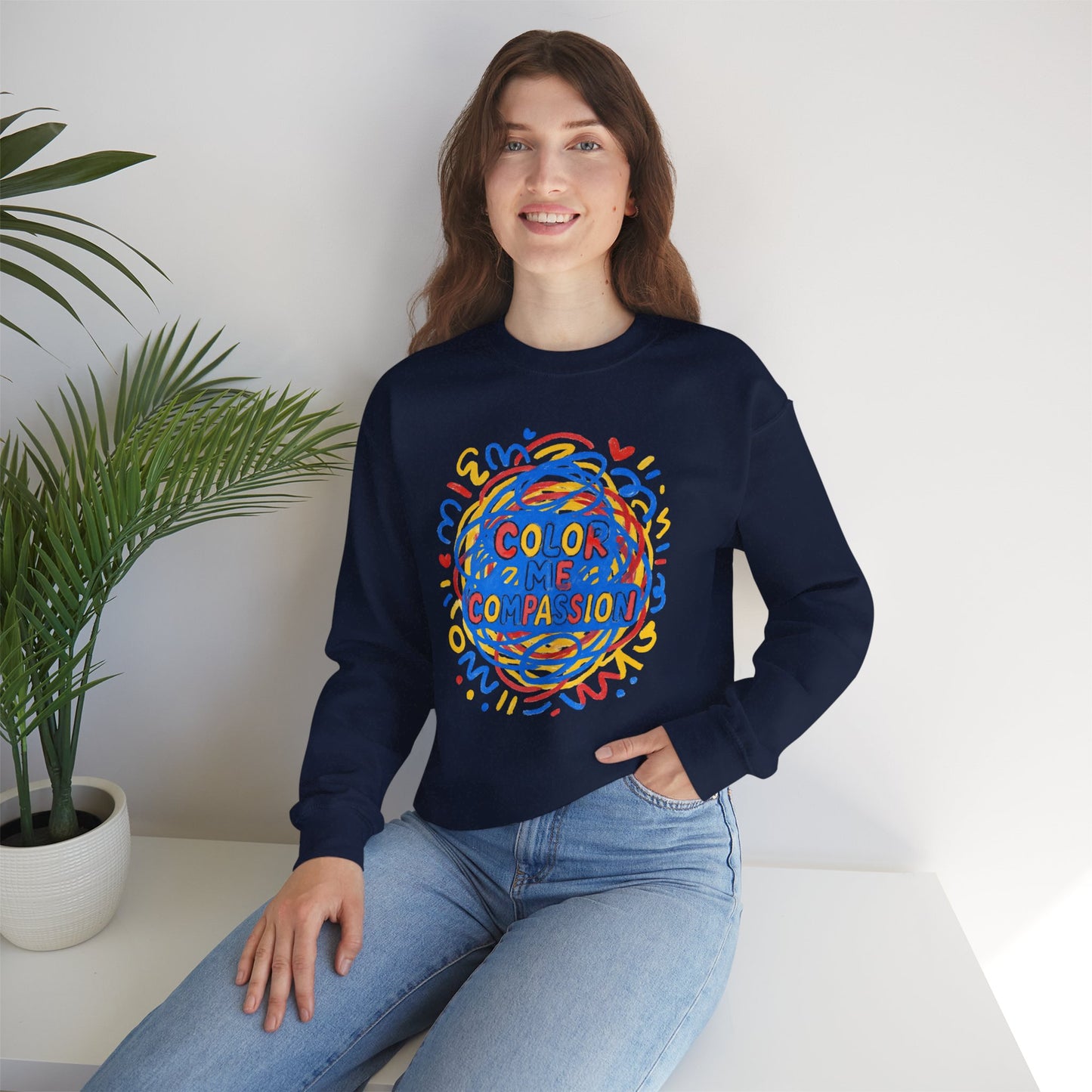 Color Me Compassion Heart Crewneck Sweatshirt — Hand-Drawn Colorful Heart Doodle