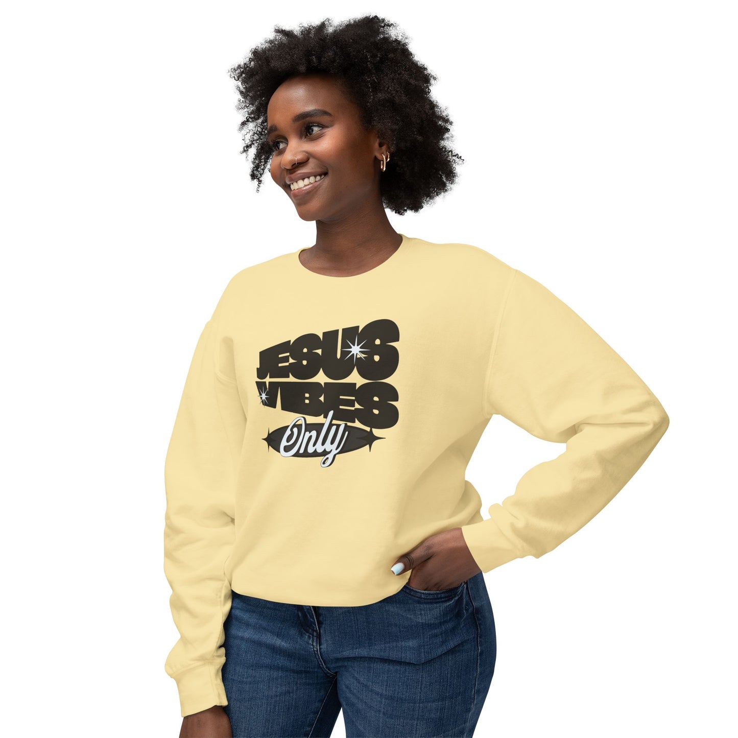 Unisex Lightweight Crewneck Sweatshirt- Jesus Vibes-Black/White