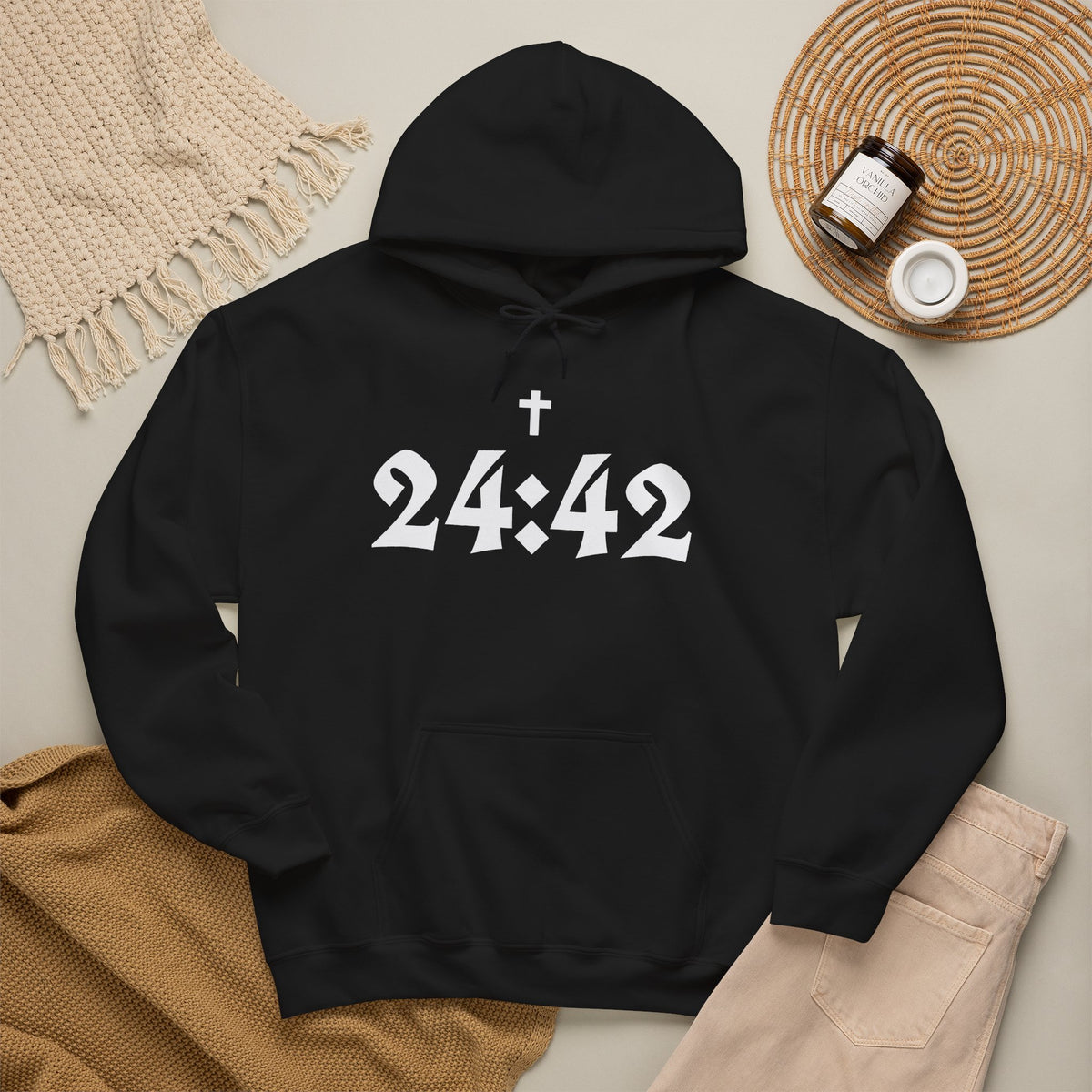 24:42 Cross Hoodie | Gothic Numerals Christian Scripture