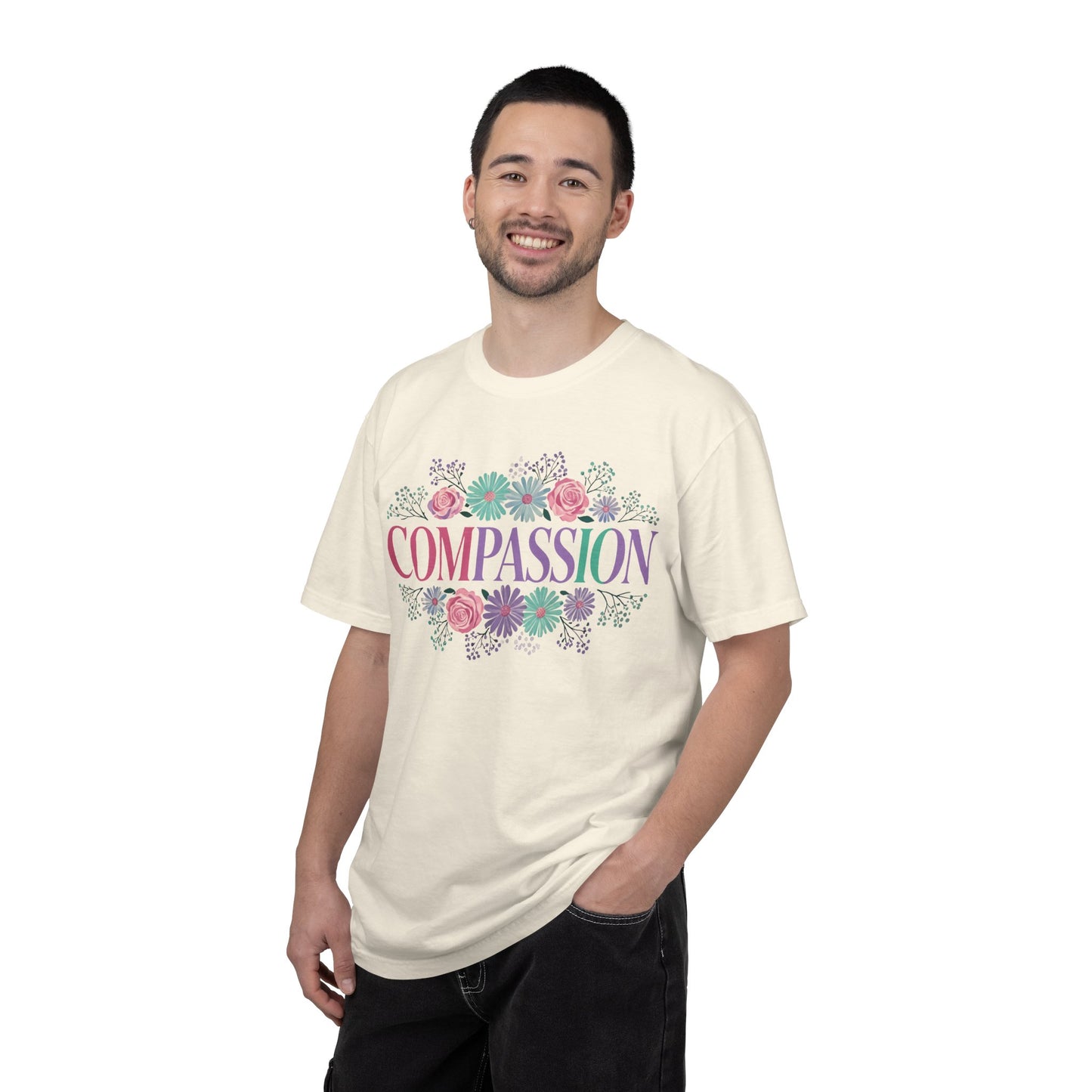 Compassion floral typography T-shirt | Pastel roses and daisies
