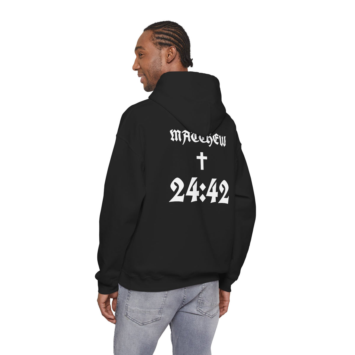 24:42 Cross Hoodie | Gothic Numerals Christian Scripture