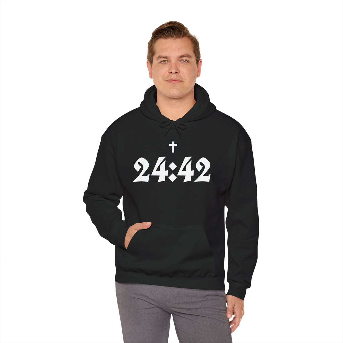 24:42 Cross Hoodie | Gothic Numerals Christian Scripture
