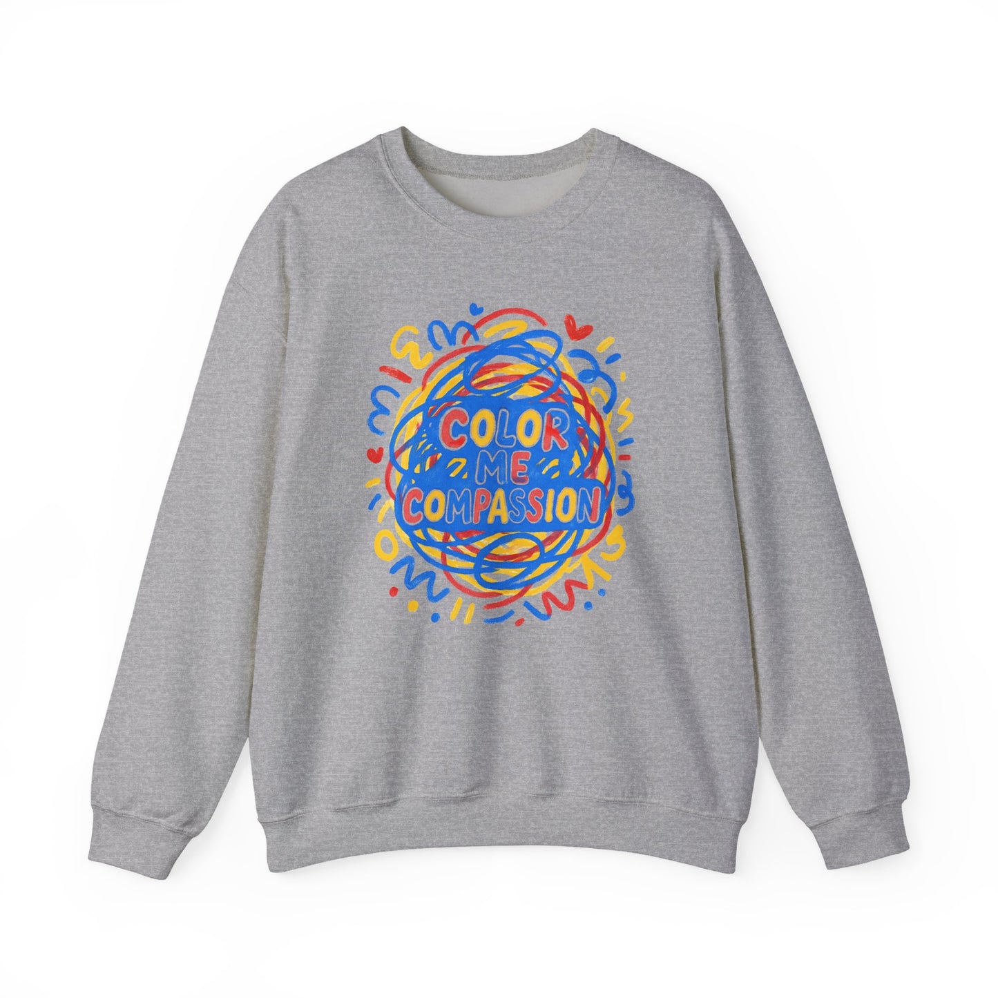 Color Me Compassion Heart Crewneck Sweatshirt — Hand-Drawn Colorful Heart Doodle