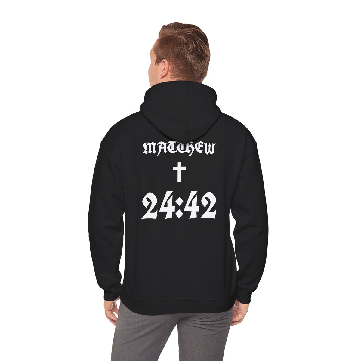 24:42 Cross Hoodie | Gothic Numerals Christian Scripture
